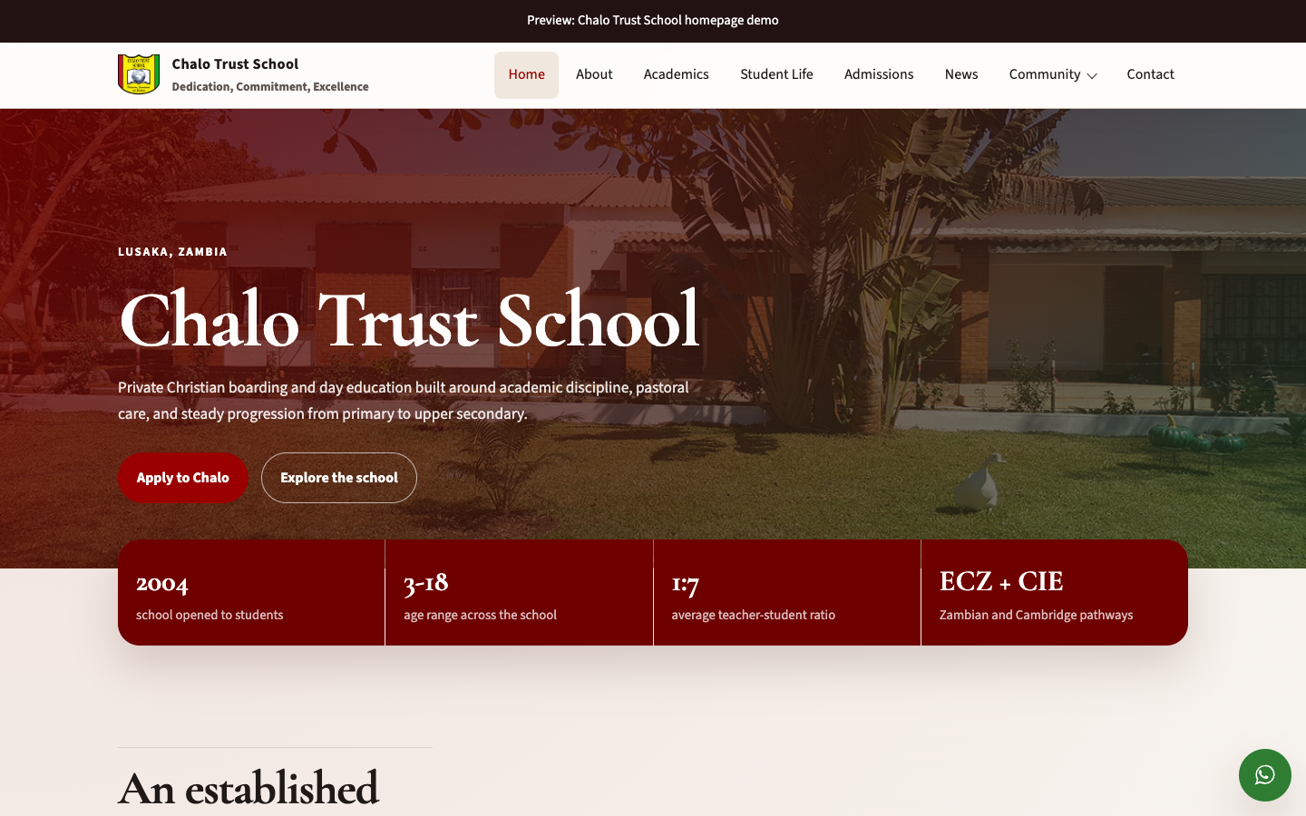 Chalo Trust School concept homepage at desktop width