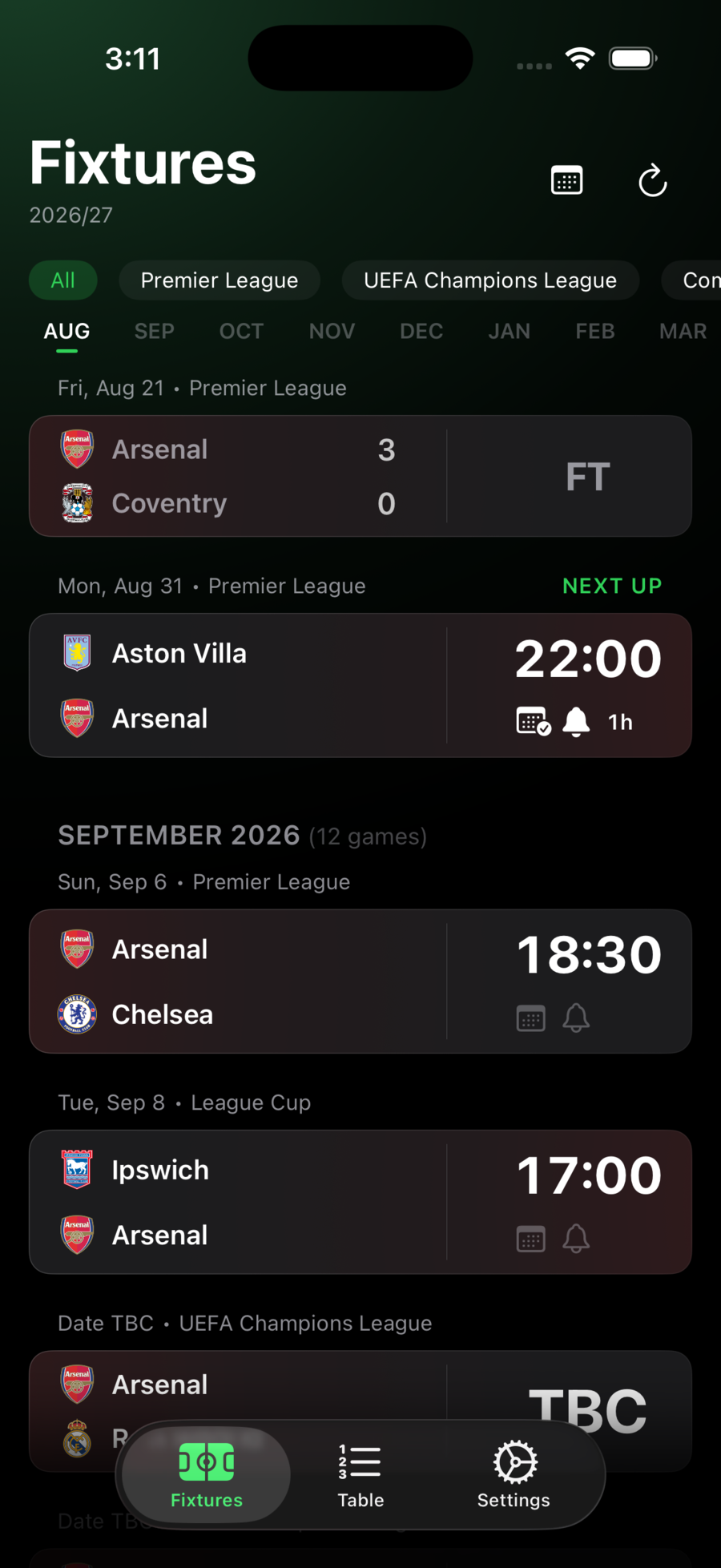 FootyMate fixtures screen on iPhone, with competition filters and the next match marked