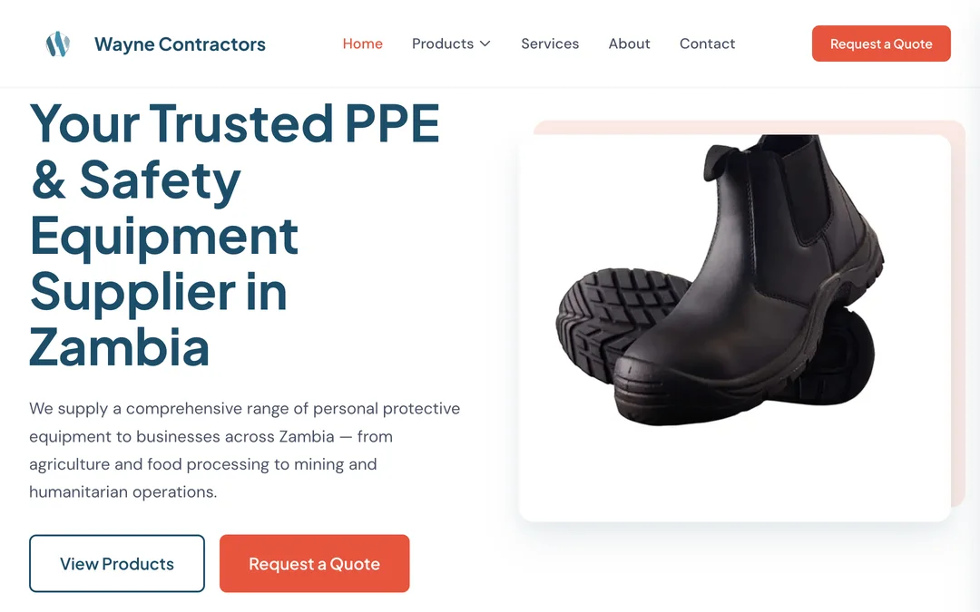 Wayne Contractors Zambia homepage showing safety equipment and quote actions