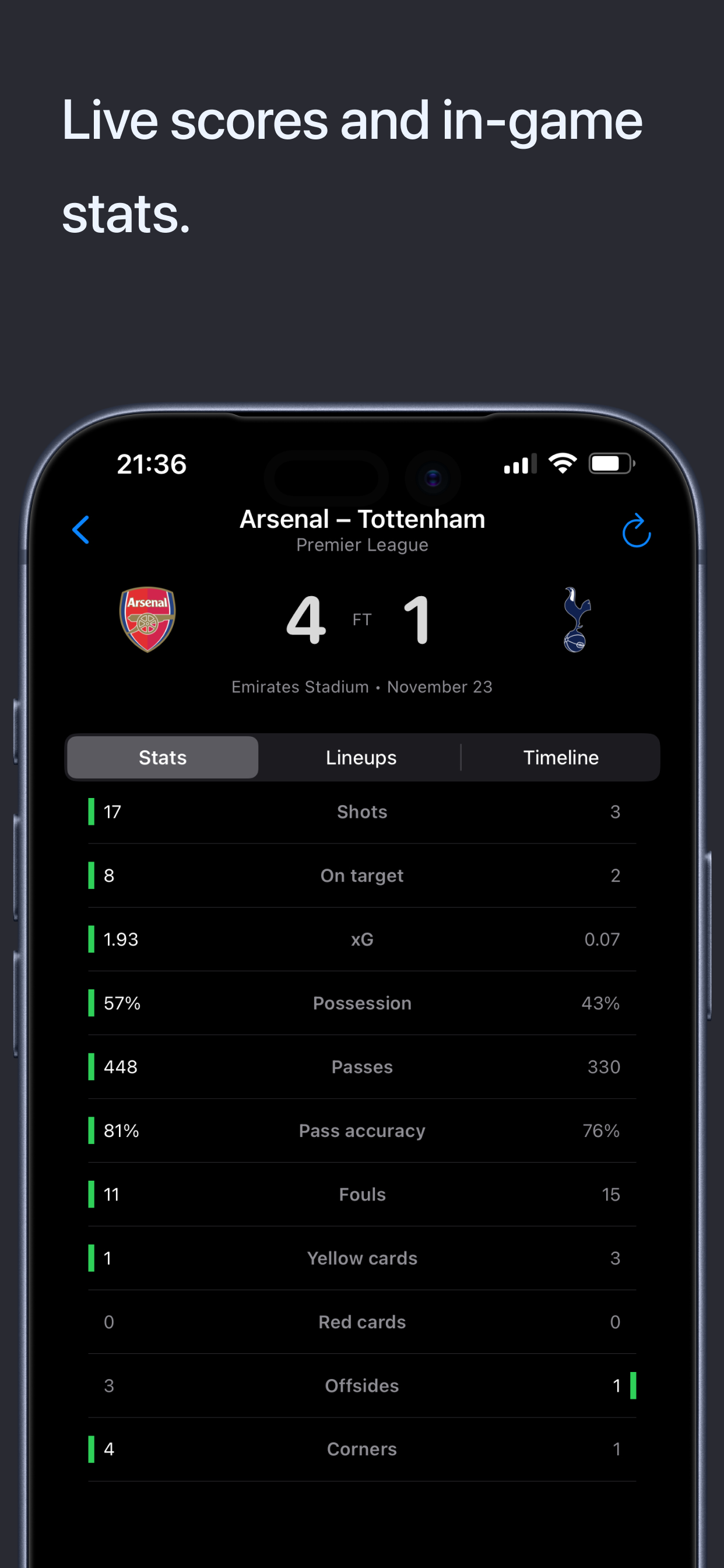 FootyMate live match screen with score and statistics