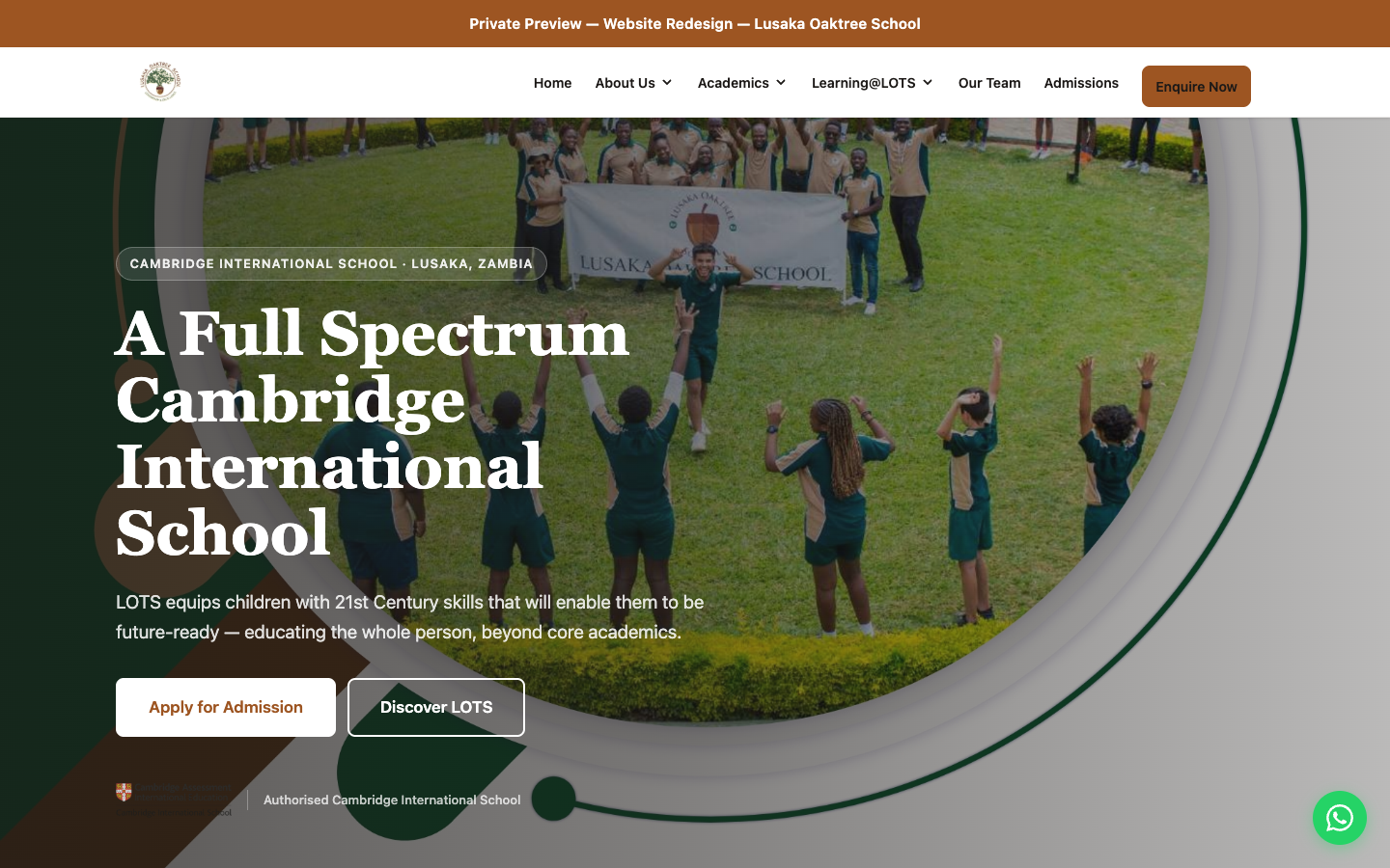 Lusaka Oaktree School concept homepage