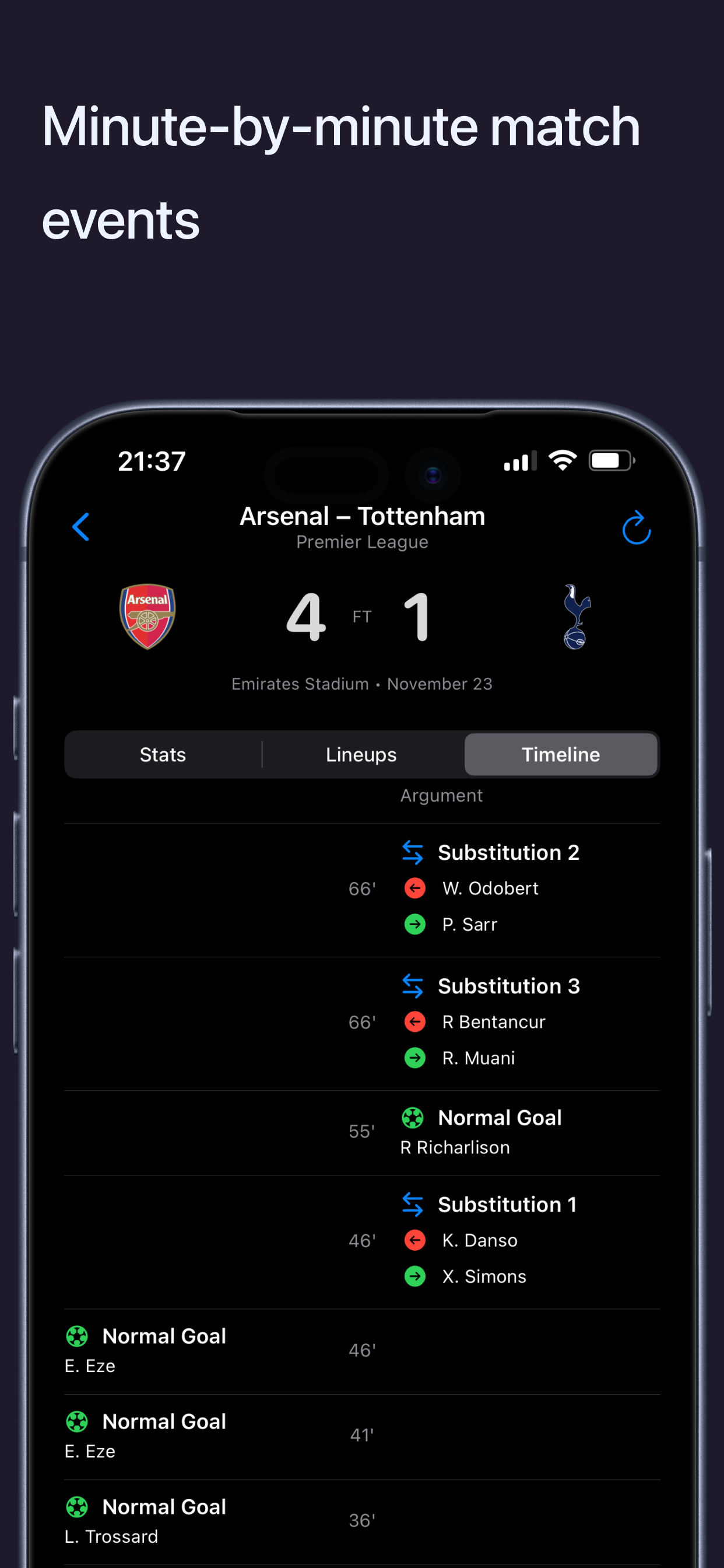 FootyMate minute-by-minute match event timeline