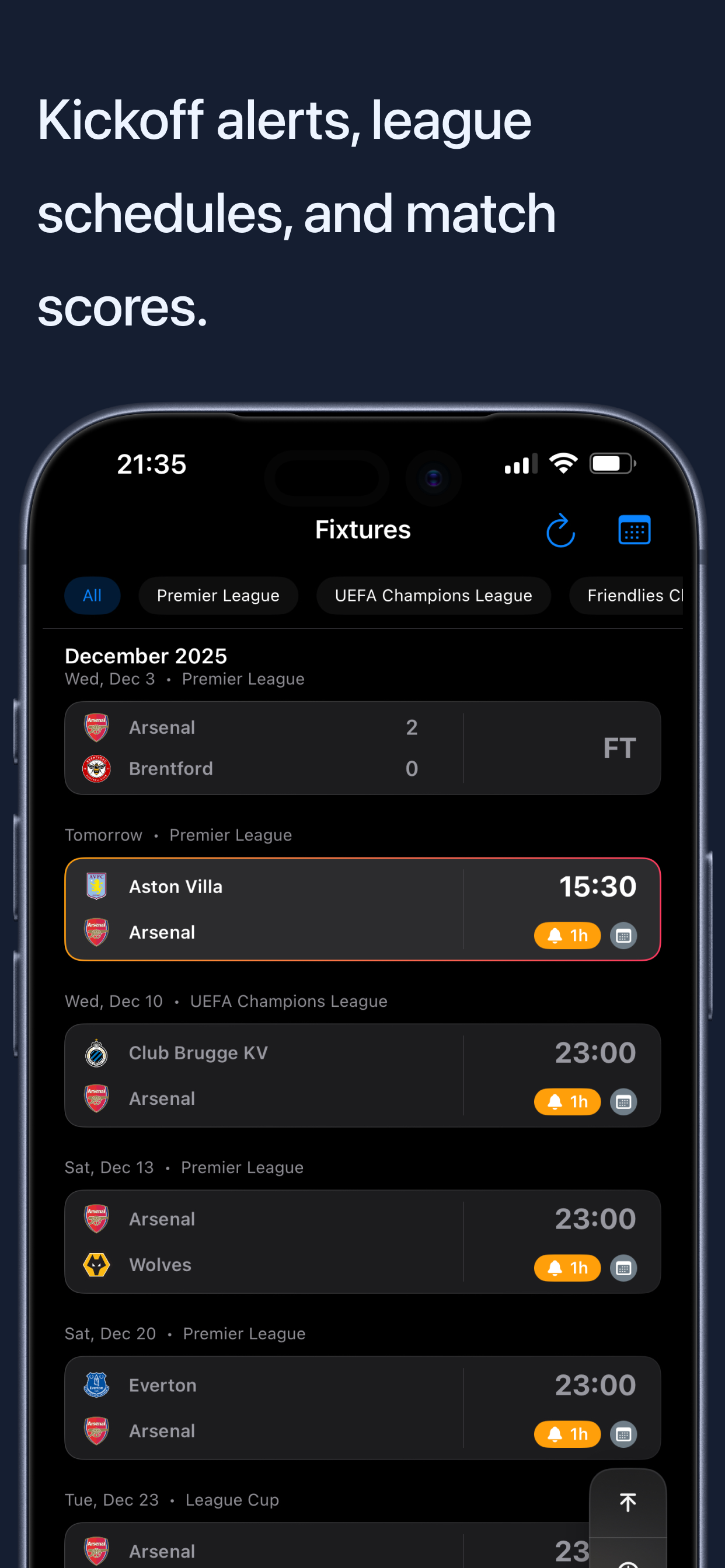 FootyMate fixtures screen showing upcoming Arsenal matches