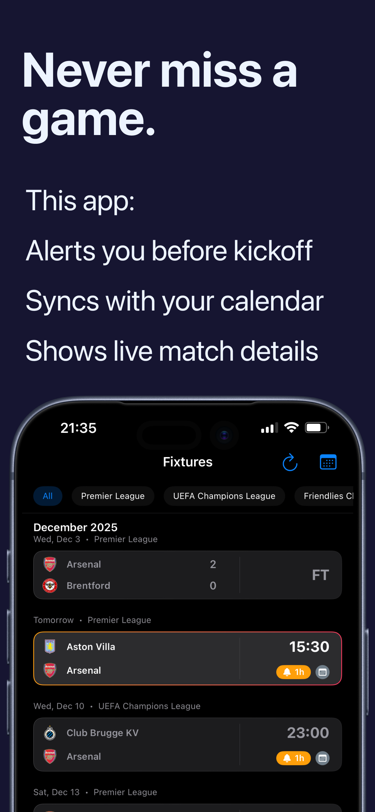 Never miss a game — kickoff alerts and calendar sync